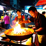 **Vibrant Bangkok Night Market Food Stall**
    A bustling night market street scene in Bangkok, focusing on a street food vendor expertly preparing Pad Thai on a large, flaming wok. The atmosphere is alive with warm, glowing lanterns and soft neon signs, illuminating diverse Thai street foods and local people. Emphasize the steam rising from the wok, the rich colors of ingredients, and the energetic, authentic vibe of a Thai culinary experience, captured with cinematic lighting and hyperrealistic detail.