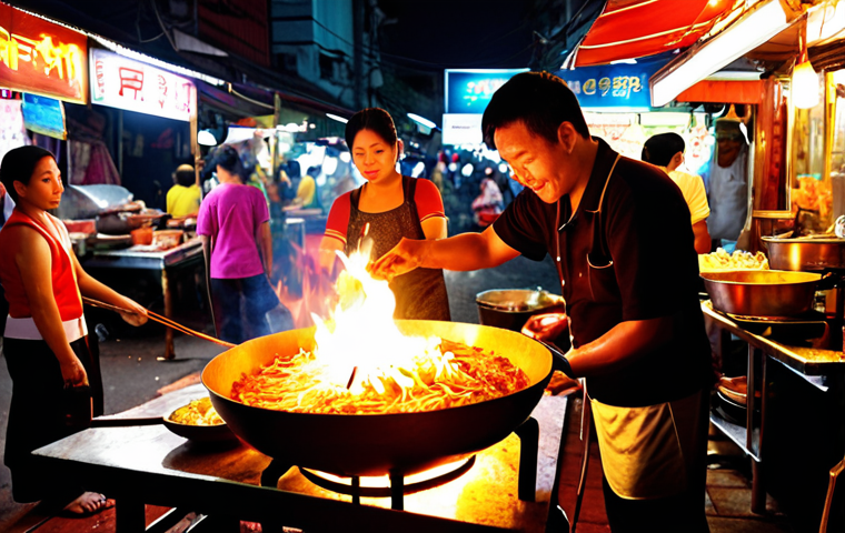 **Vibrant Bangkok Night Market Food Stall**
    A bustling night market street scene in Bangkok, focusing on a street food vendor expertly preparing Pad Thai on a large, flaming wok. The atmosphere is alive with warm, glowing lanterns and soft neon signs, illuminating diverse Thai street foods and local people. Emphasize the steam rising from the wok, the rich colors of ingredients, and the energetic, authentic vibe of a Thai culinary experience, captured with cinematic lighting and hyperrealistic detail.